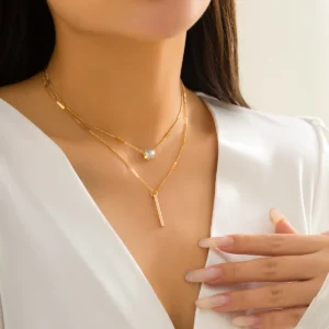 2 Layer Chain Necklace with Crystal Heart Stick Pendant Trendy Women Fashion Jewelry Gift