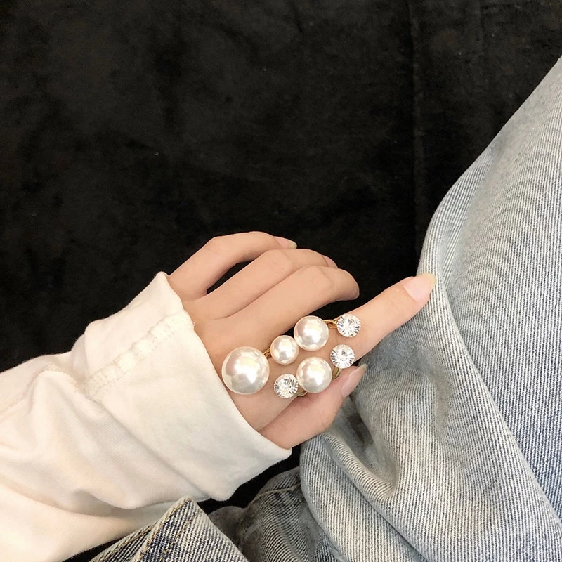 Diamond Inlaid Multi Pearl Ring Irregular Open Ring Popular Unique Cool Style Index Finger for Woman - Image 4
