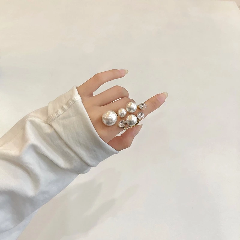 Diamond Inlaid Multi Pearl Ring Irregular Open Ring Popular Unique Cool Style Index Finger for Woman