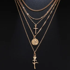 Layered Gold Cross Necklace - Multi Chain Choker Jewelry for Women